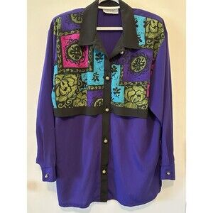 Vintage Peter Popovitch Jewel-Tone Patchwork Blouse w/ Shoulder Pads Size XL/1X